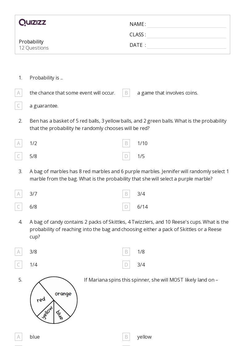 50+ Probability worksheets for 6th Grade on Quizizz Free & Printable