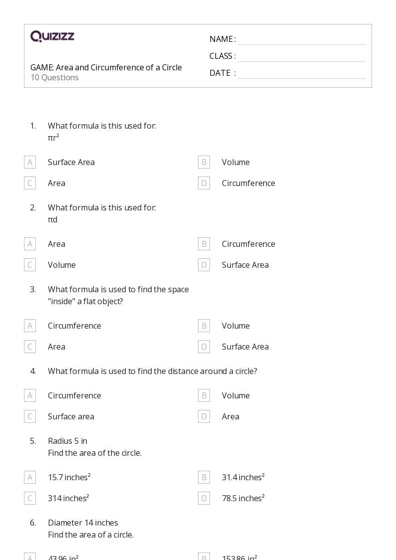 50+ Area and Circumference of a Circle worksheets for 6th Grade on Quizizz Free & Printable