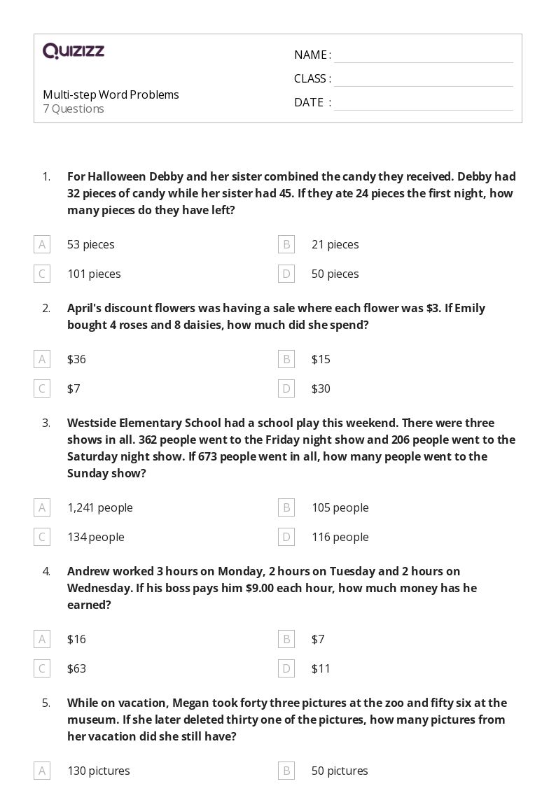 50+ Multi-Step Word Problems worksheets for 3rd Grade on Quizizz | Free