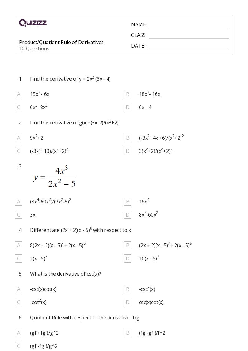 50+ derivatives worksheets for 9th Grade on Quizizz Free & Printable