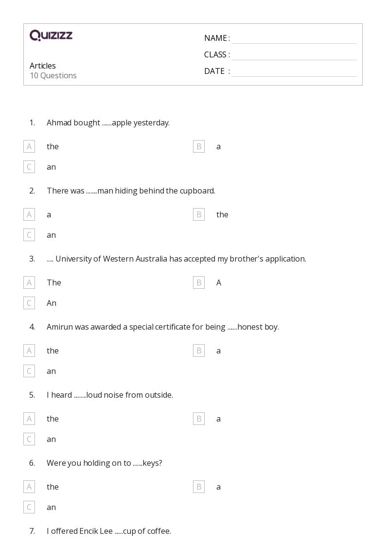 50+ Articles worksheets for 1st Grade on Quizizz Free & Printable