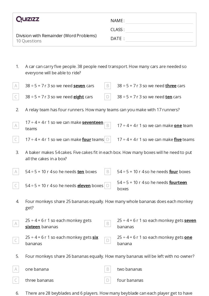 50+ Division with Remainders worksheets on Quizizz Free & Printable