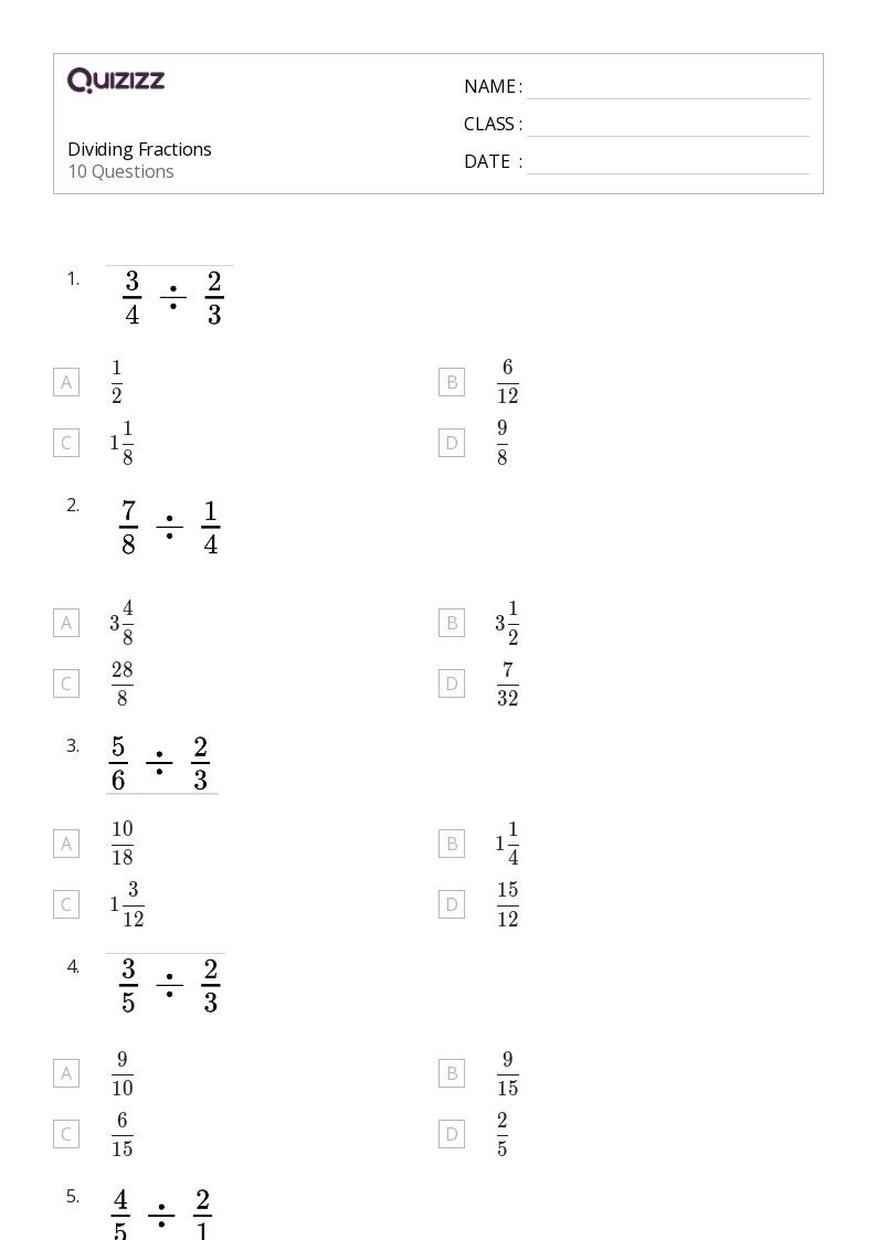 50+ Dividing Fractions worksheets for 8th Year on Quizizz Free
