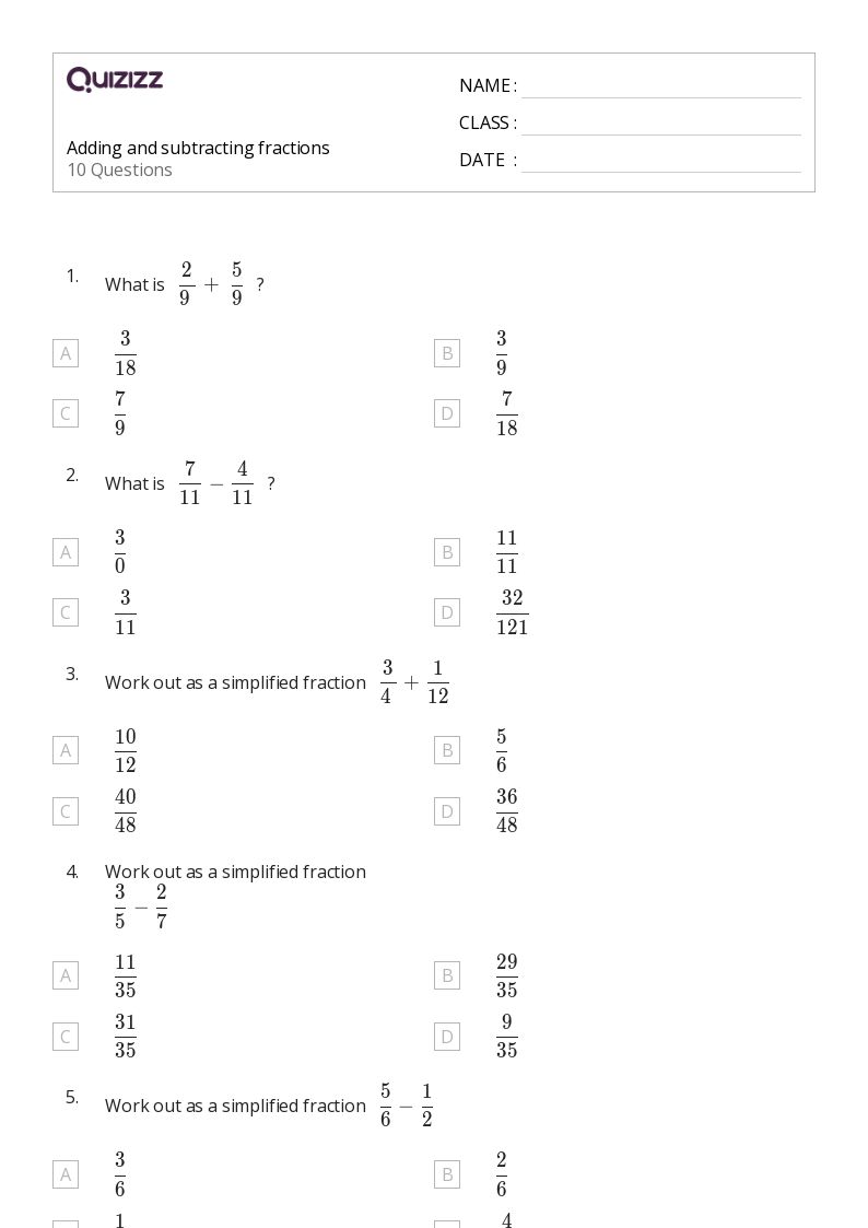 50+ Adding and Subtracting Fractions worksheets for 1st Class on Quizizz Free & Printable