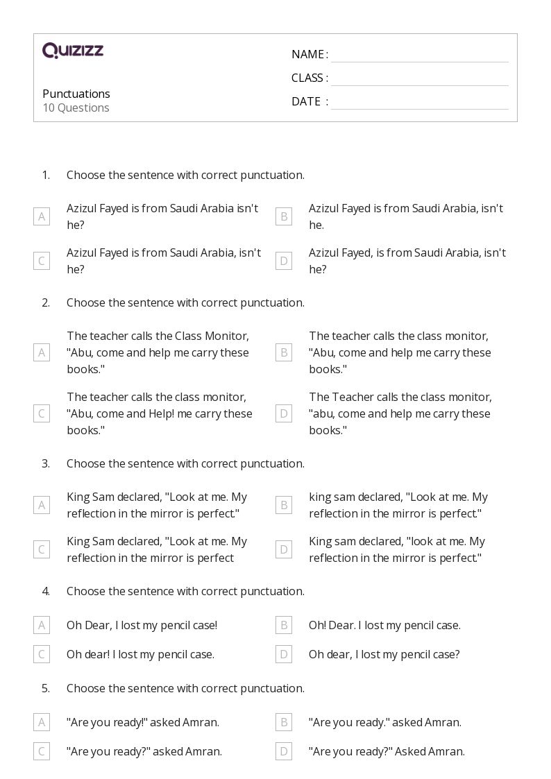 50+ Punctuation worksheets for 4th Class on Quizizz Free & Printable