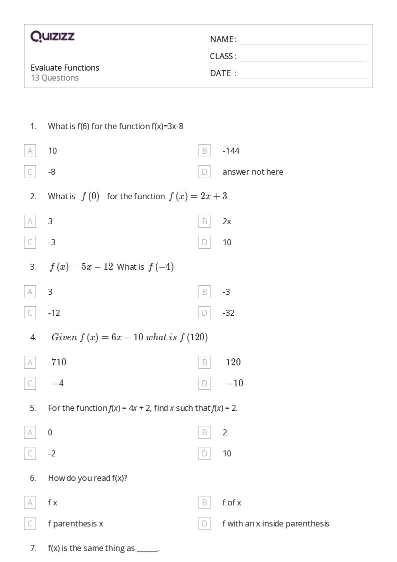 50+ Functions worksheets for 8th Grade on Quizizz Free & Printable