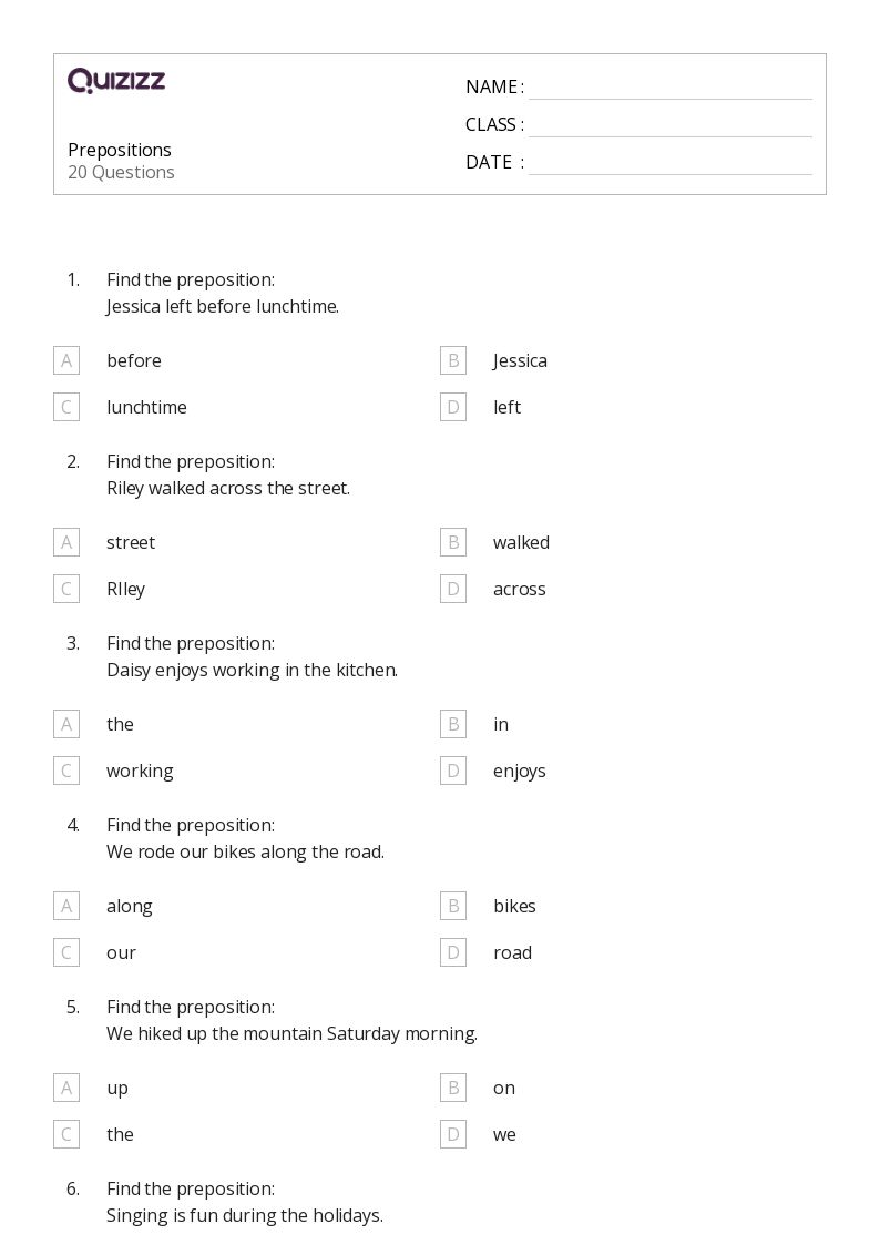 50+ Prepositions worksheets for 4th Grade on Quizizz Free & Printable