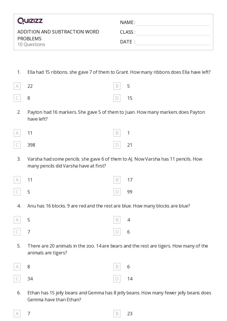 50+ Subtraction Word Problems worksheets for 1st Class on Quizizz