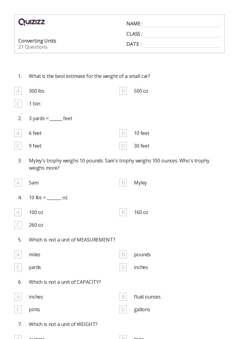 50+ Converting US (Imperial) Units worksheets for 6th Class on Quizizz Free & Printable