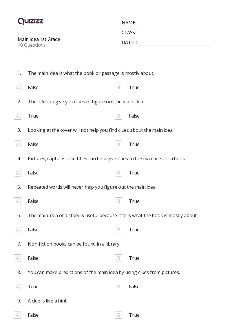 50+ Identifying the Main Idea worksheets for 1st Grade on Quizizz