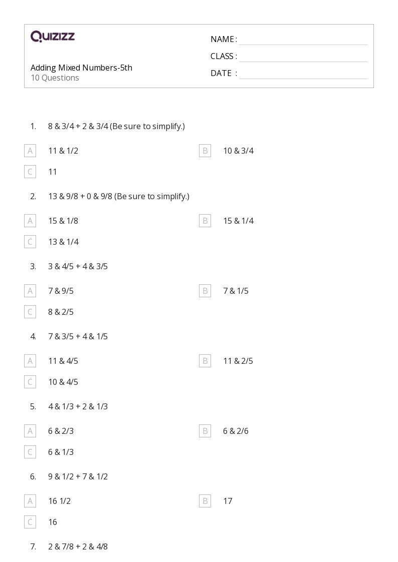 50+ Adding Mixed Numbers worksheets for 4th Class on Quizizz Free