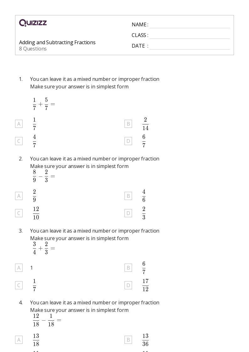 50+ Adding and Subtracting Fractions worksheets for 8th Grade on Quizizz Free & Printable