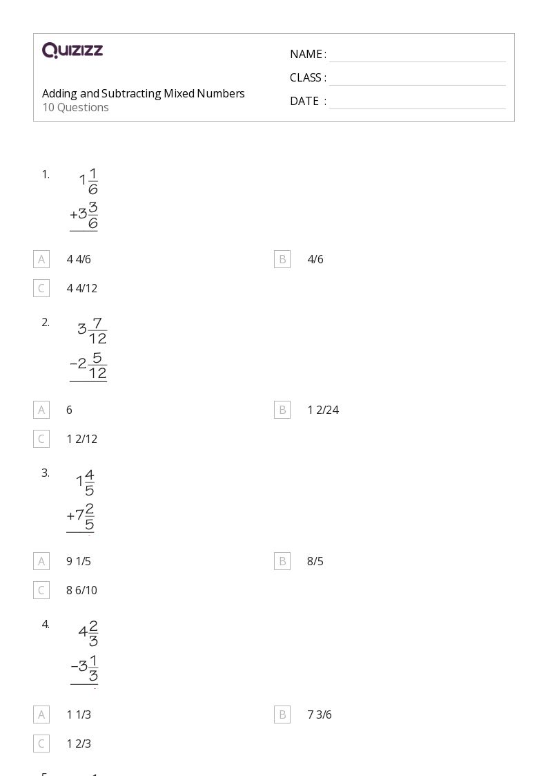 50+ Adding and Subtracting Mixed Numbers worksheets on Quizizz Free