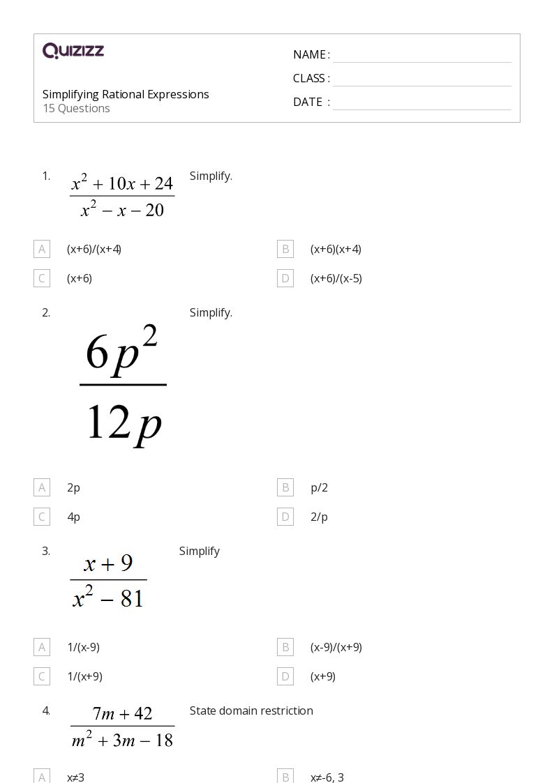 50+ rational expressions equations and functions worksheets on Quizizz Free & Printable