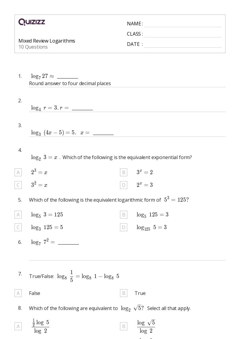 50+ Logarithms worksheets for 11th Grade on Quizizz Free & Printable
