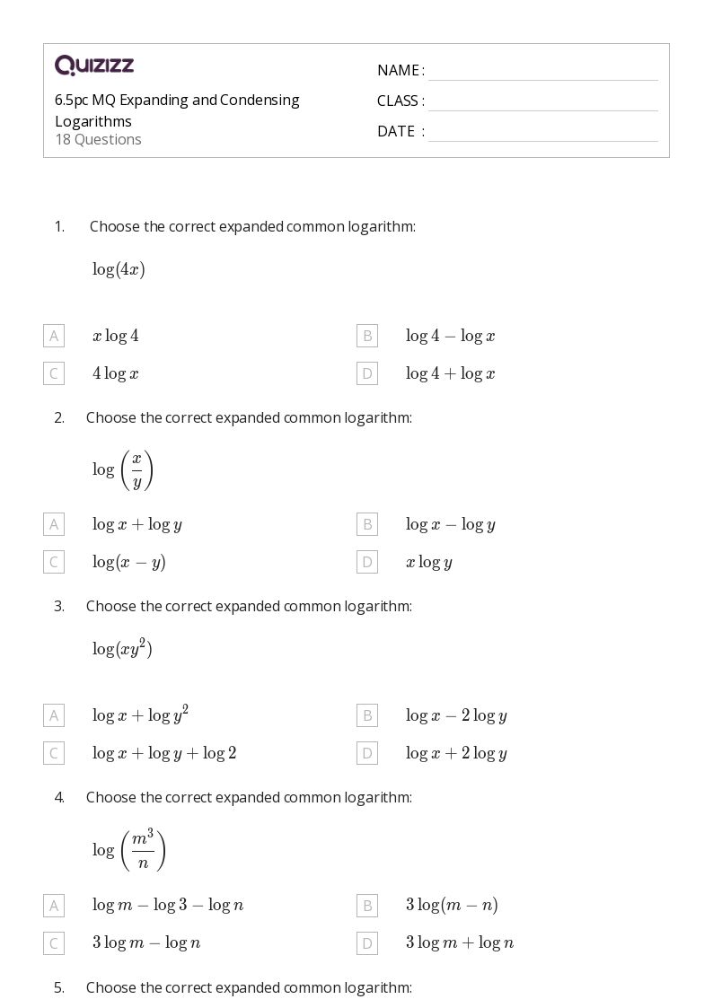 50+ Logarithms worksheets for 12th Grade on Quizizz Free & Printable