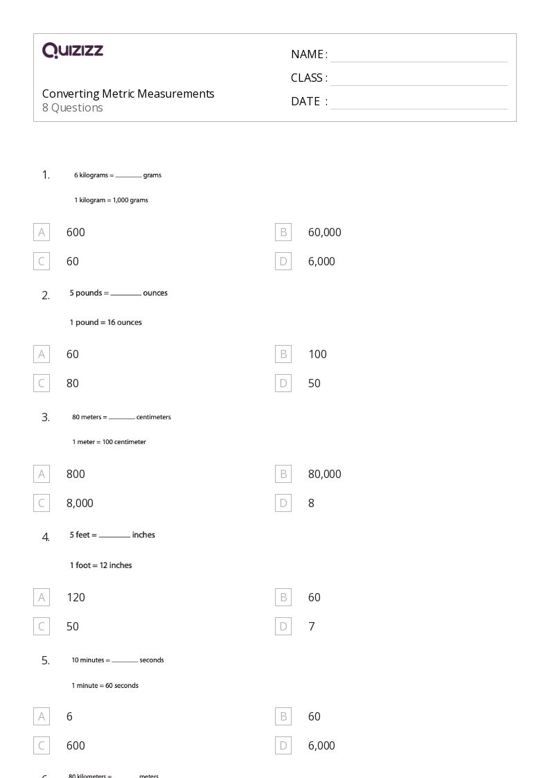 50+ Metric Measurement worksheets for 3rd Class on Quizizz Free
