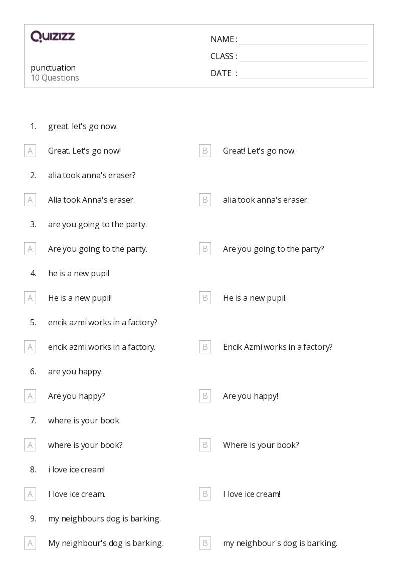 50+ Punctuation worksheets for 1st Class on Quizizz Free & Printable