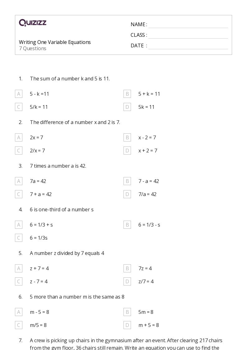 50+ One-Variable Equations worksheets for 7th Grade on Quizizz | Free