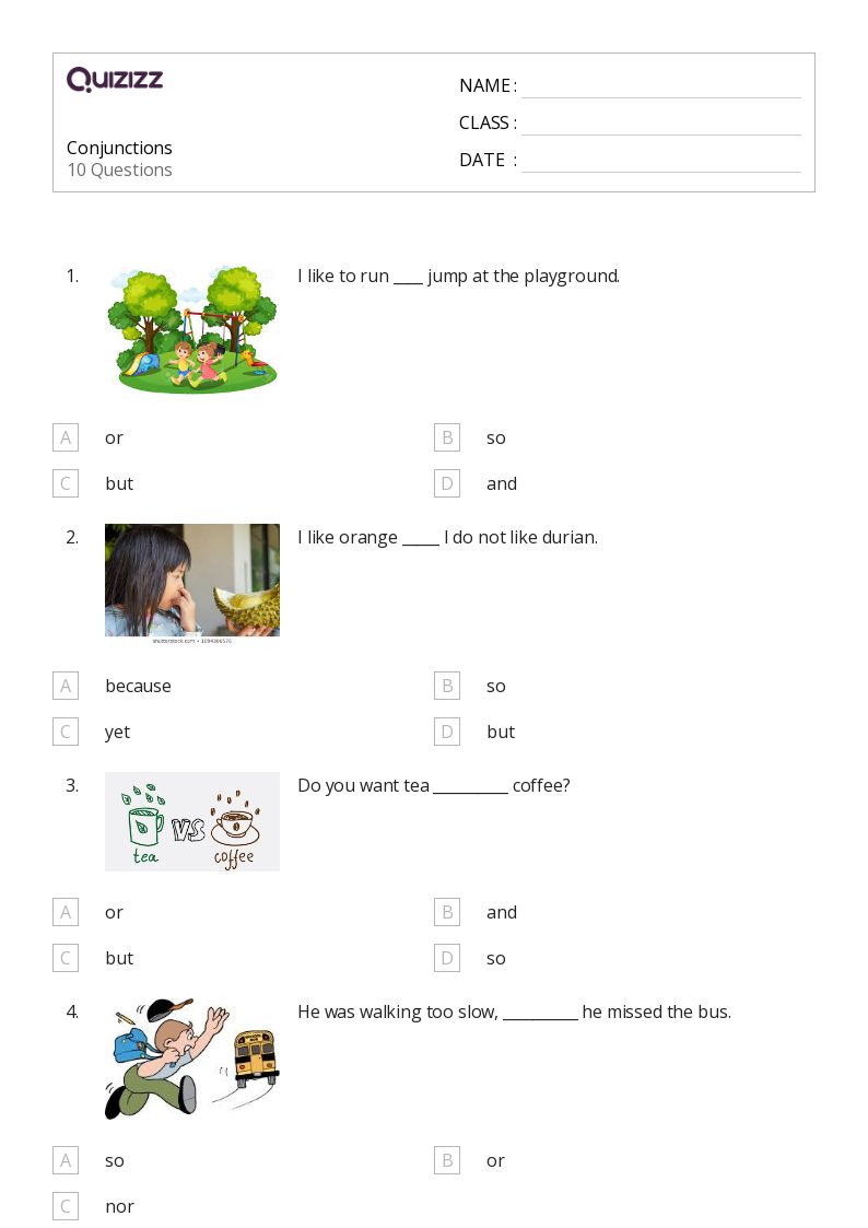 50+ Conjunctions worksheets for 1st Class on Quizizz Free & Printable