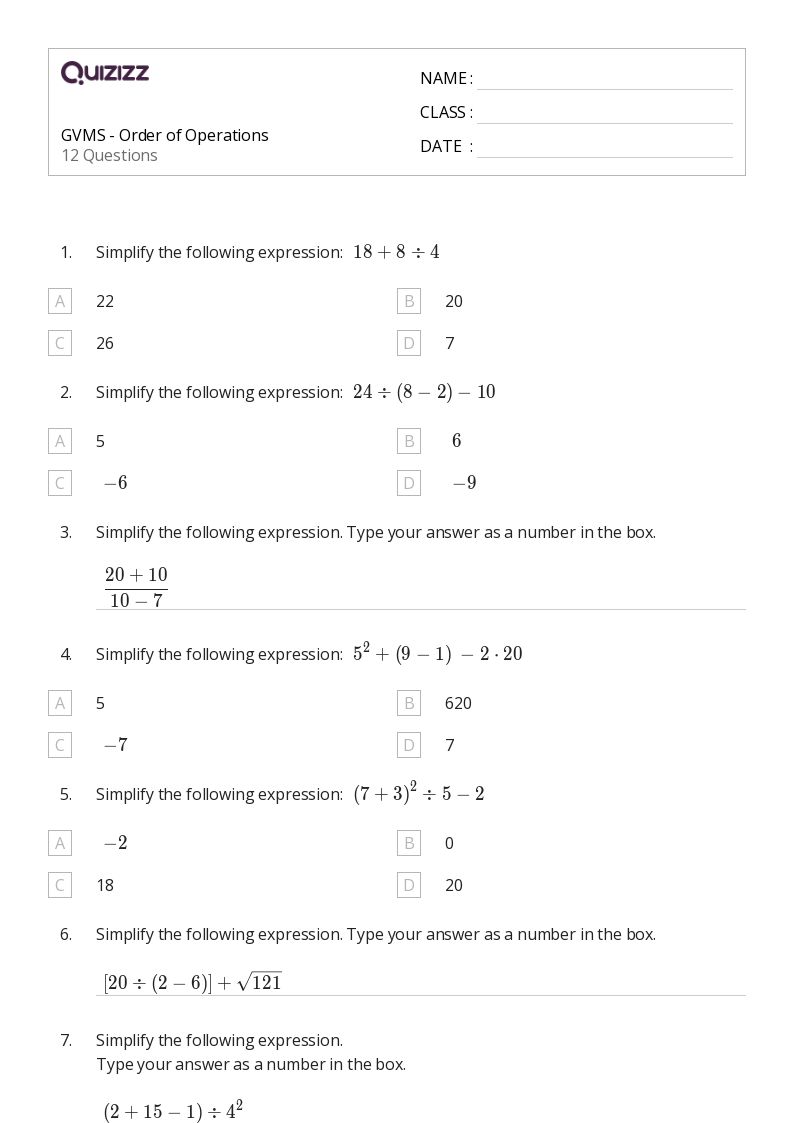 50+ Order of Operations worksheets for 7th Grade on Quizizz | Free