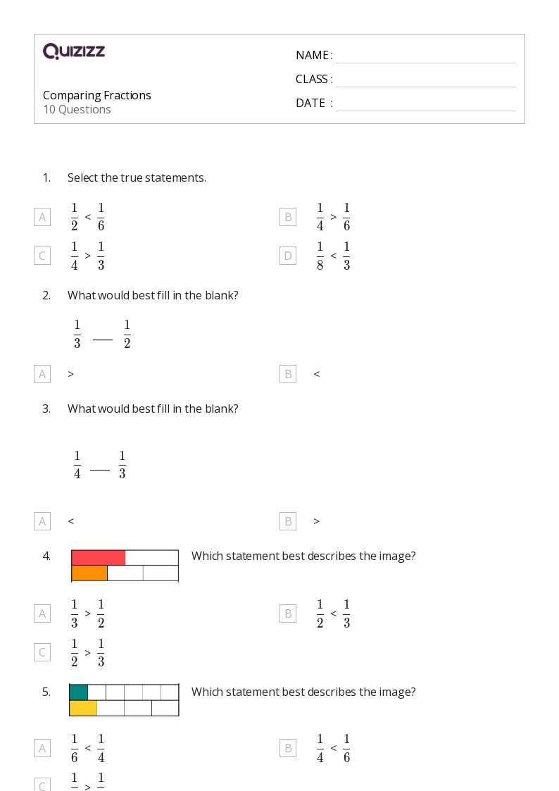 50+ Comparing Fractions worksheets for 1st Year on Quizizz Free