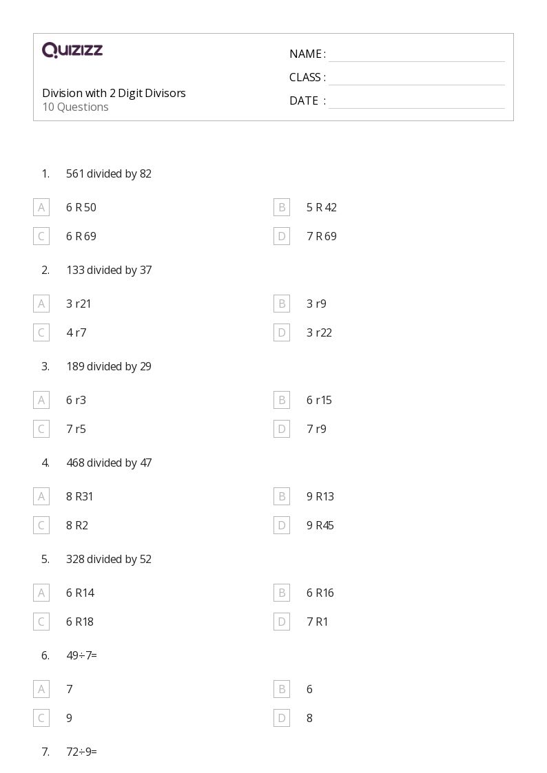 50+ Division with Two-Digit Divisors worksheets for 4th Grade on