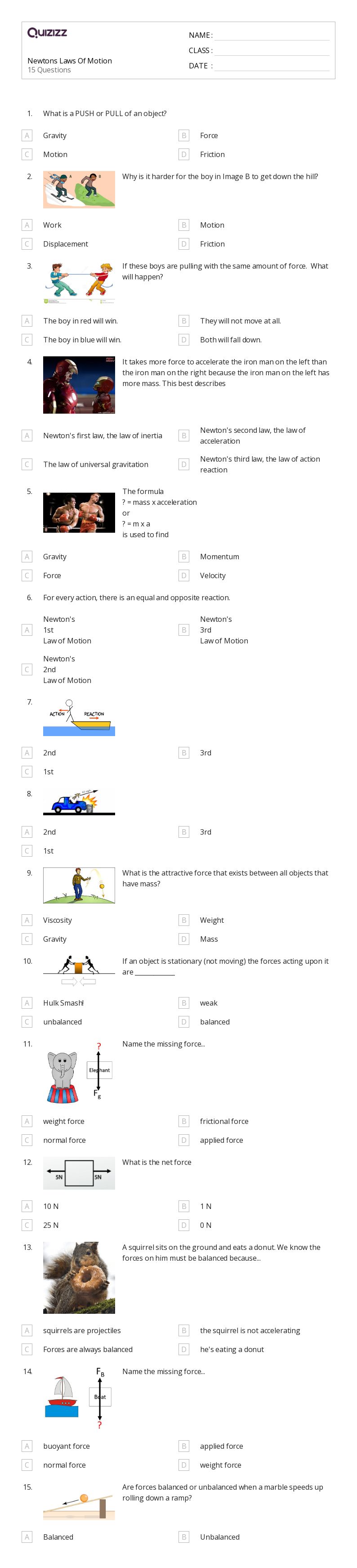 50+ forces and newtons laws of motion worksheets on Quizizz Free & Printable
