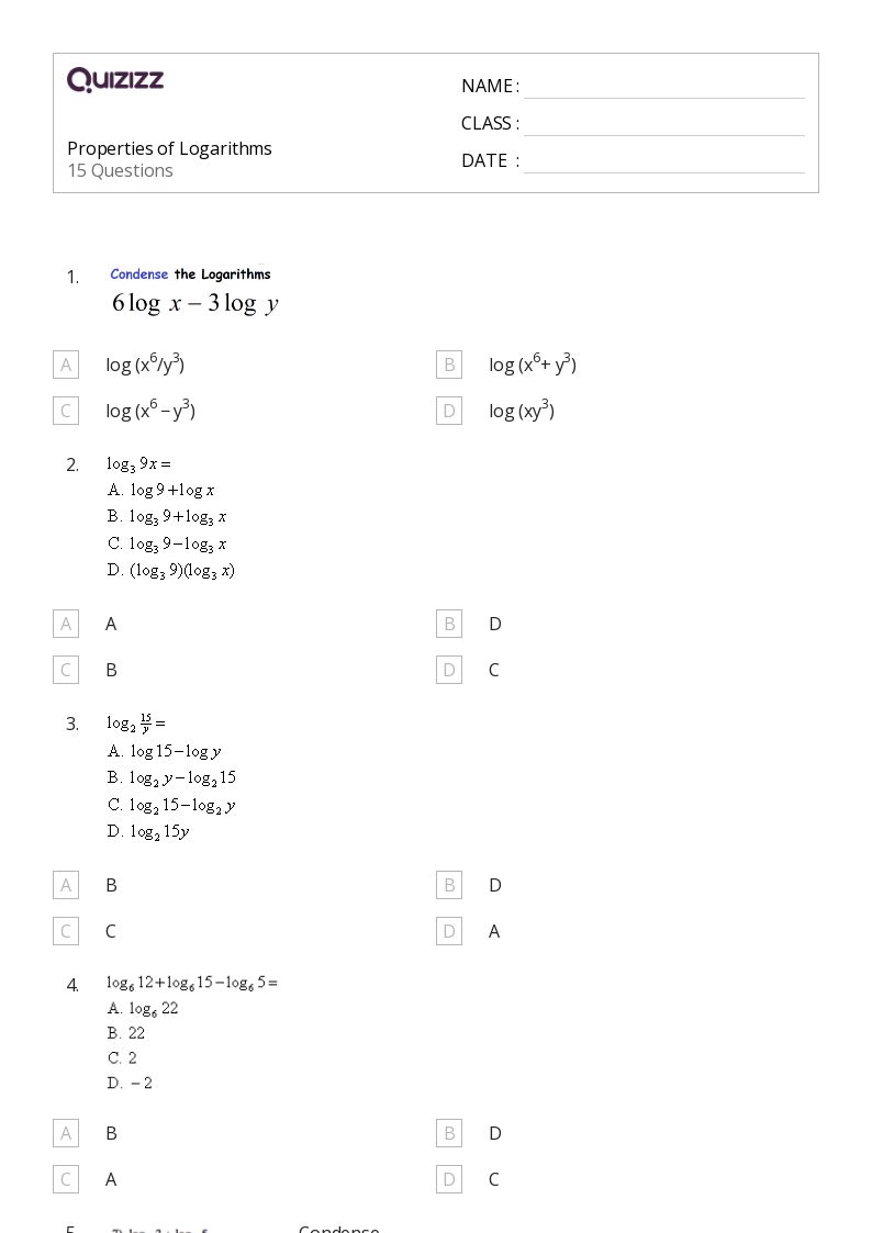 50+ Logarithms worksheets on Quizizz Free & Printable