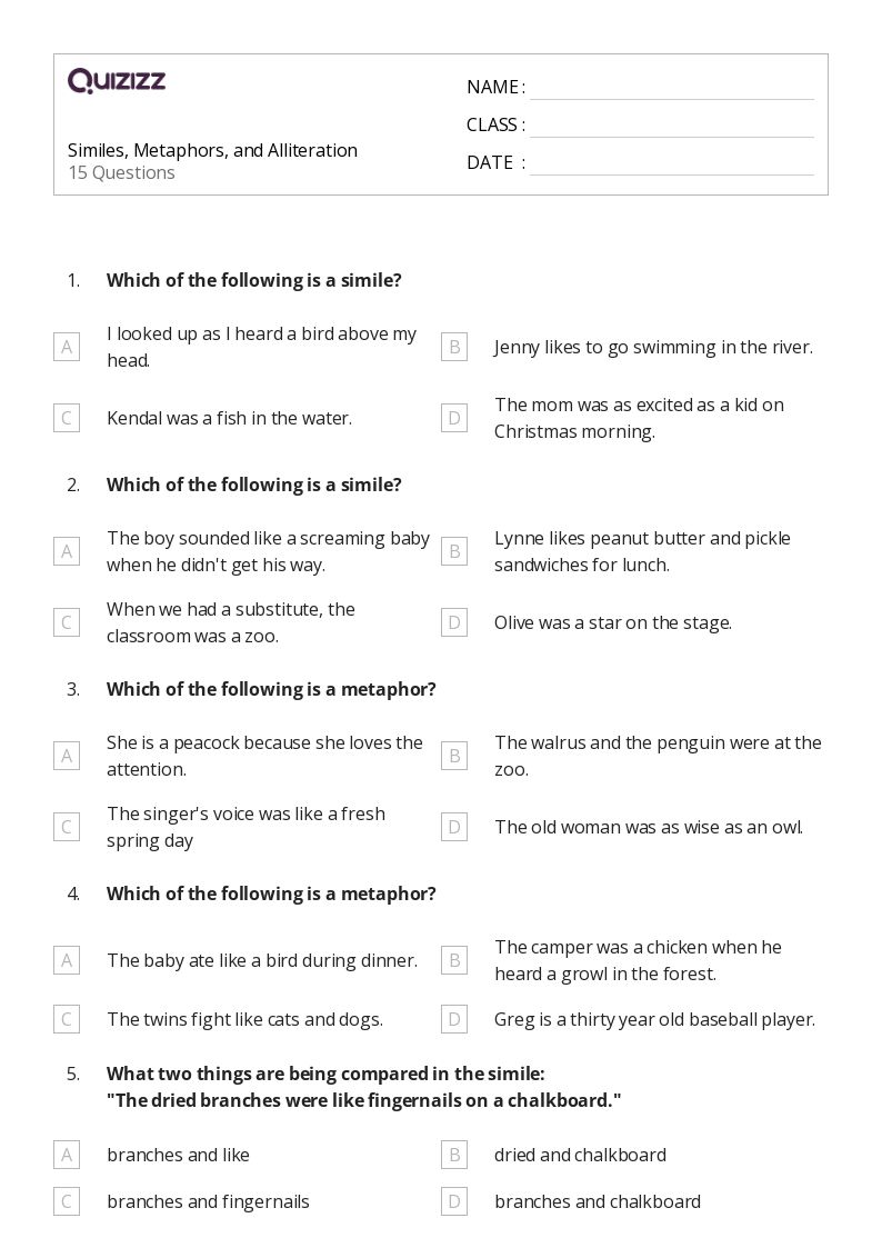 50+ Metaphors worksheets for 4th Grade on Quizizz Free & Printable