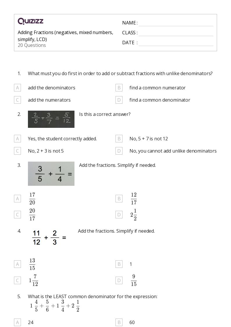 50+ Adding Fractions with Unlike Denominators worksheets for 7th Class