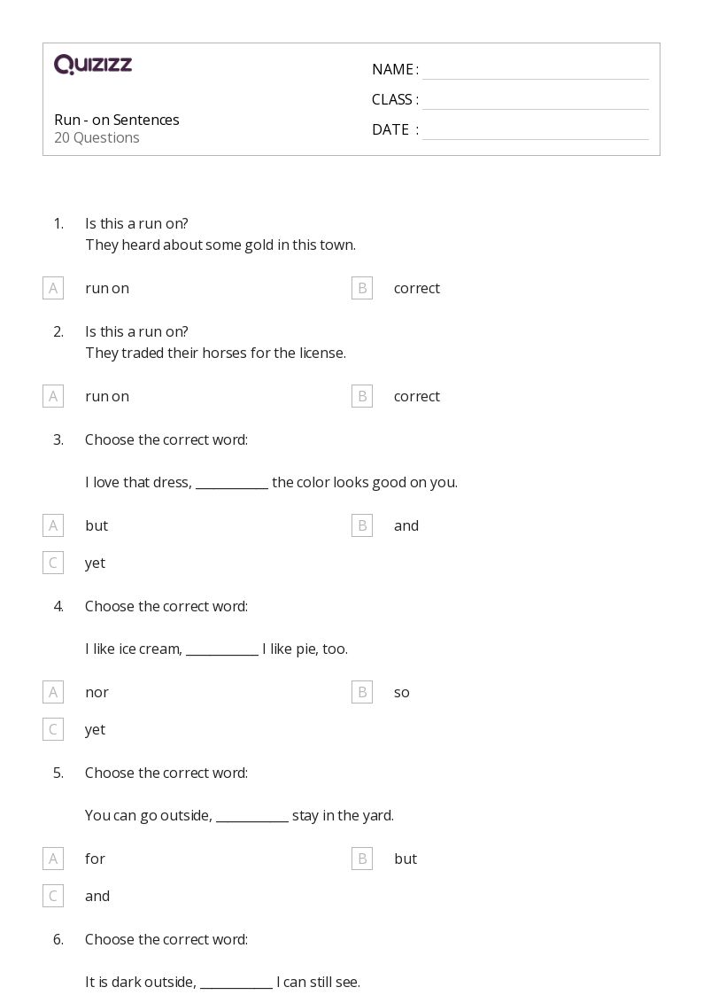 50+ Run On Sentences worksheets for 6th Grade on Quizizz Free & Printable