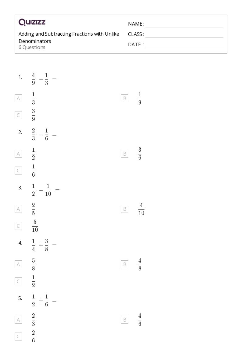 50+ Adding Fractions with Unlike Denominators worksheets for 3rd Year on Quizizz Free & Printable