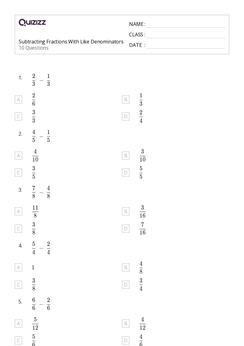 50+ Subtracting Fractions with Like Denominators worksheets on Quizizz Free & Printable