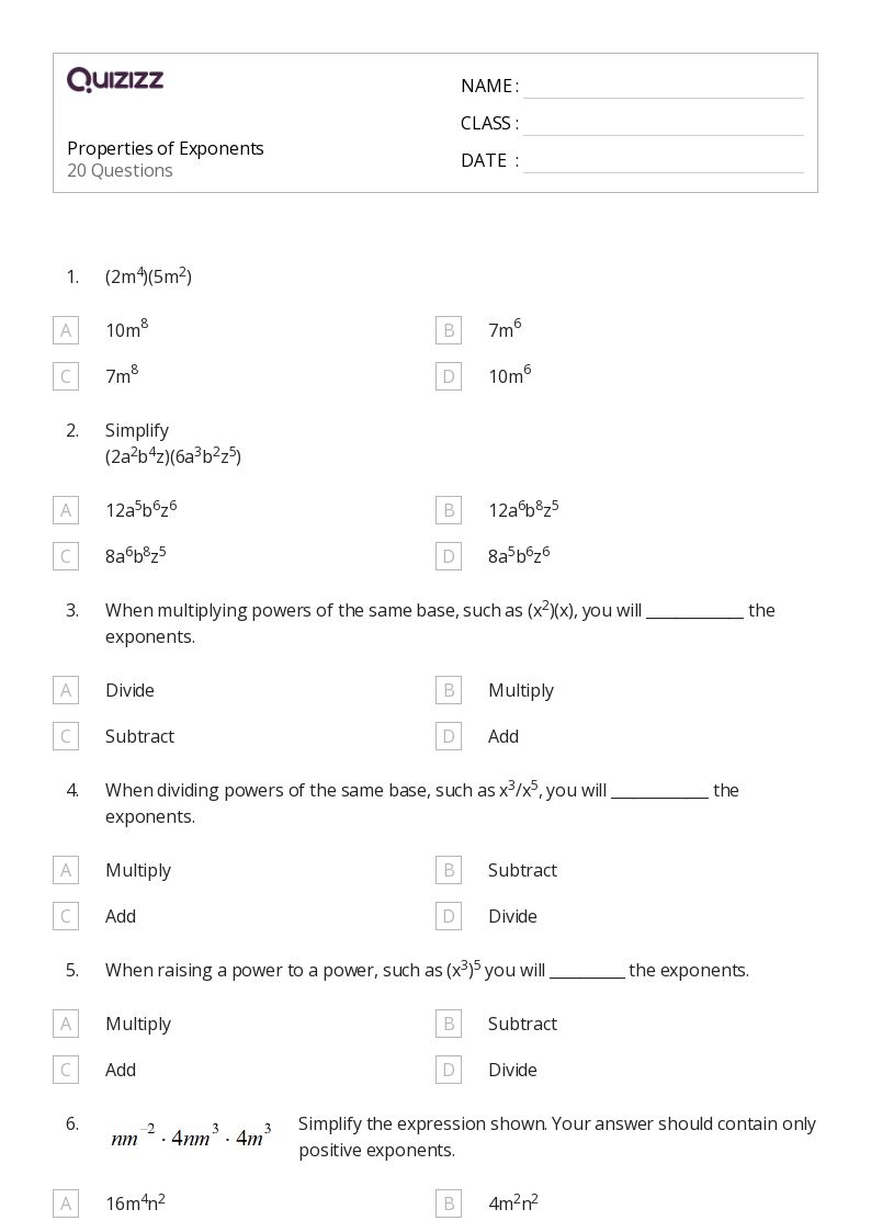 50+ Properties of Exponents worksheets for 7th Grade on Quizizz | Free