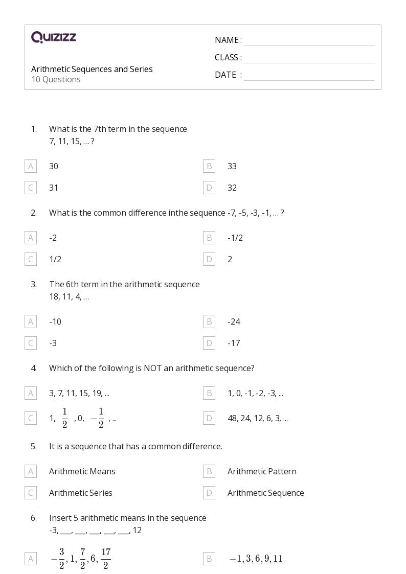 50+ Sequences and Series worksheets for 10th Grade on Quizizz | Free