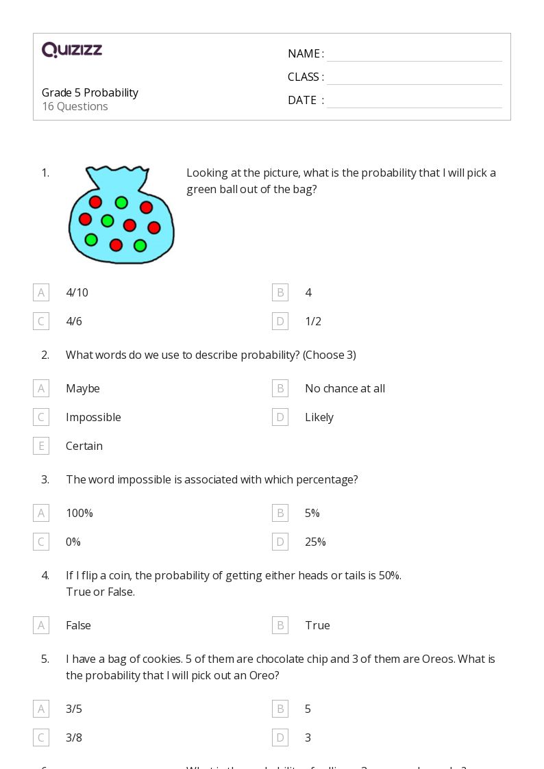 50+ Probability worksheets for 5th Class on Quizizz | Free & Printable
