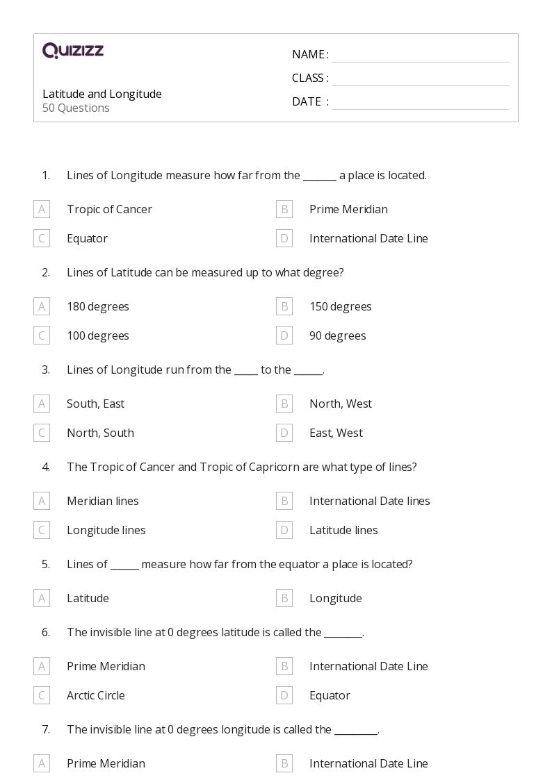 50+ latitude and longitude worksheets for 5th Class on Quizizz Free & Printable