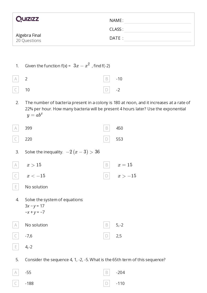 50+ Algebra worksheets for 8th Grade on Quizizz | Free & Printable