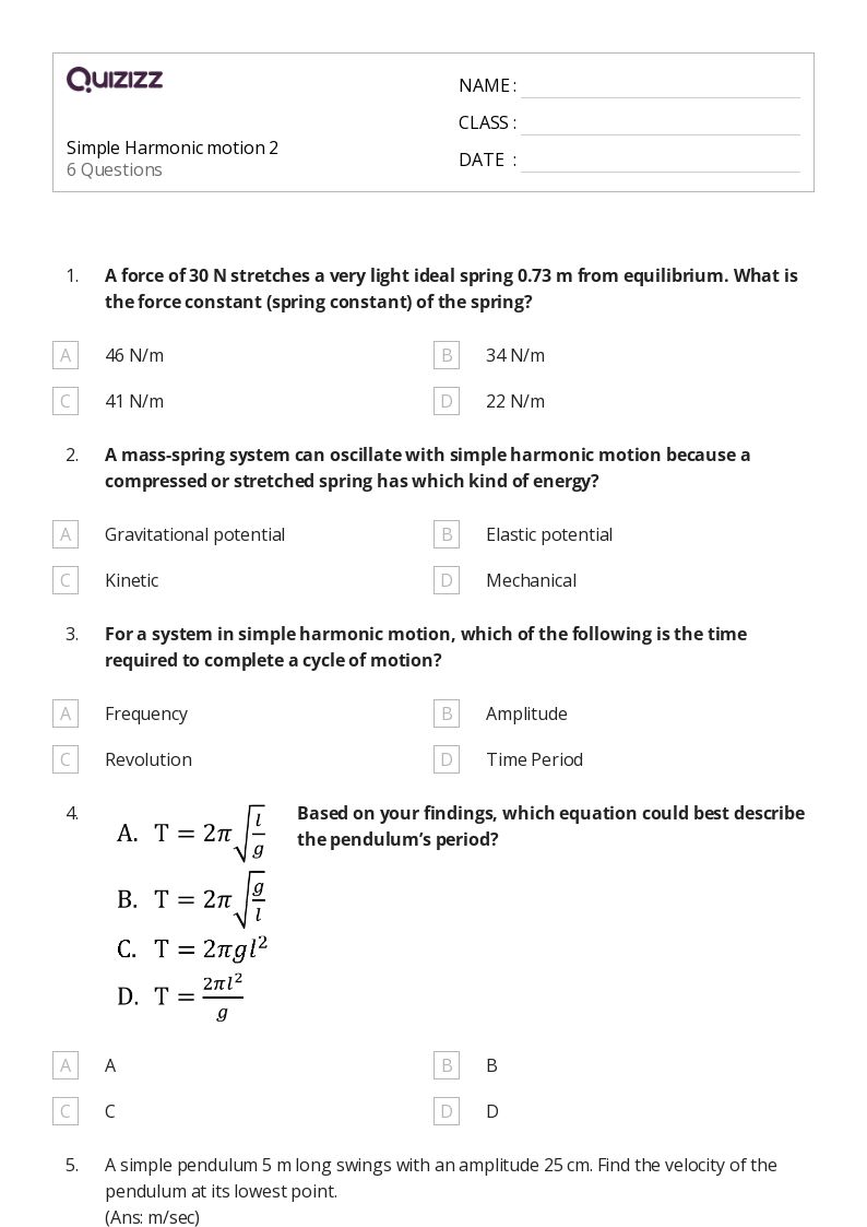 50+ simple harmonic motion worksheets on Quizizz | Free & Printable