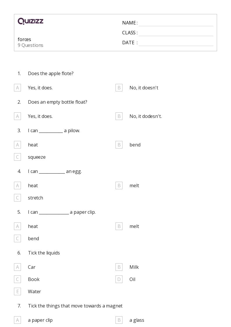 50+ Forces and Interactions worksheets for 1st Class on Quizizz Free & Printable