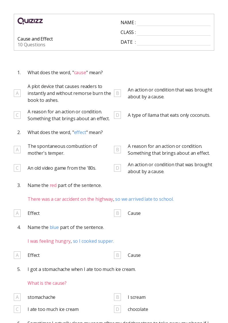 50+ Cause and Effect worksheets for 5th Grade on Quizizz | Free & Printable