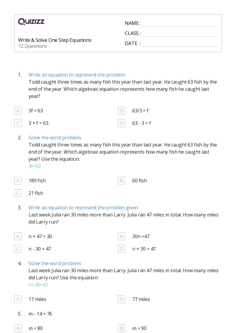 50+ OneStep Equations worksheets for 6th Grade on Quizizz Free & Printable