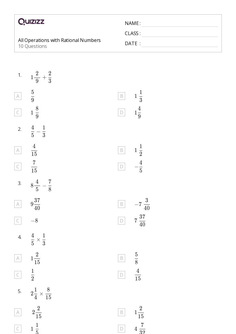 50+ Operations With Rational Numbers worksheets for 6th Grade on Quizizz Free & Printable