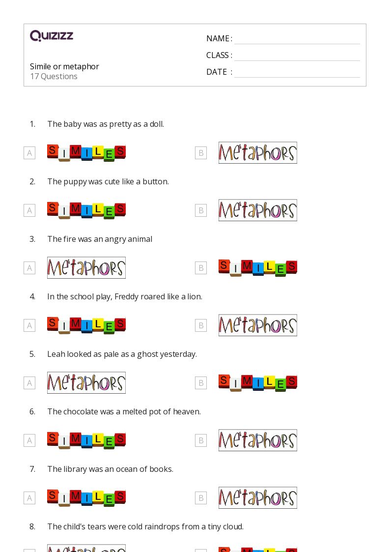 50+ Metaphors worksheets for 1st Year on Quizizz Free & Printable