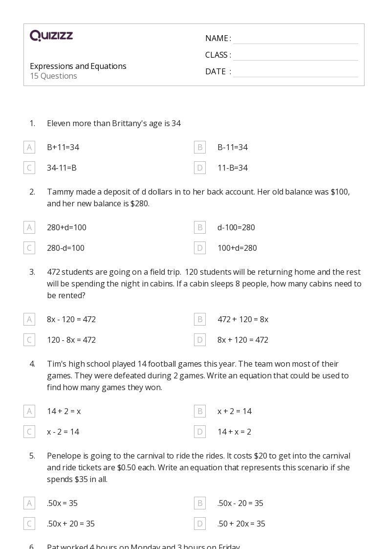 50+ Understanding Expressions and Equations worksheets for 7th Grade on