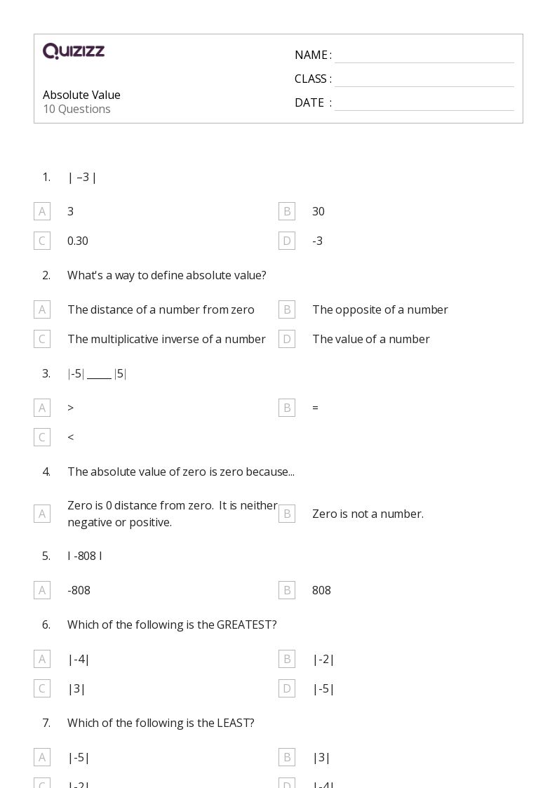 50+ Absolute Value worksheets for 7th Grade on Quizizz Free & Printable