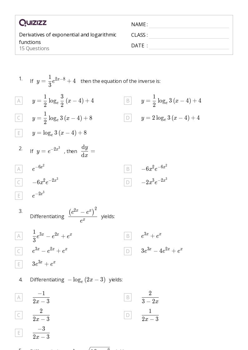 50+ derivatives of logarithmic functions worksheets for 11th Class on