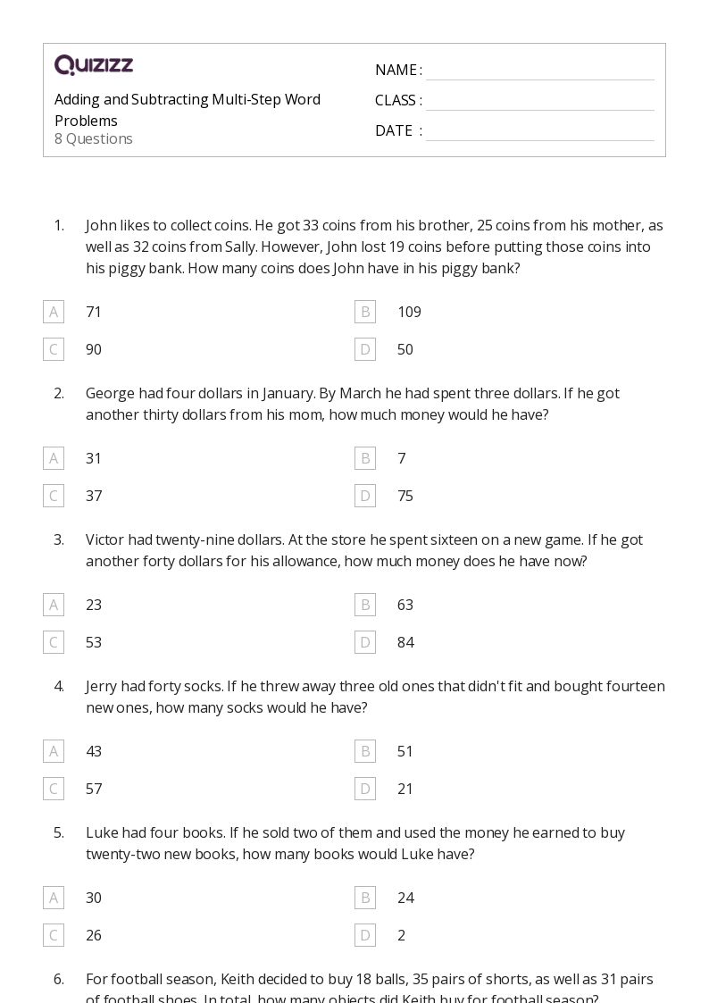Printable Multi-Step Word Problems Worksheets | Quizizz