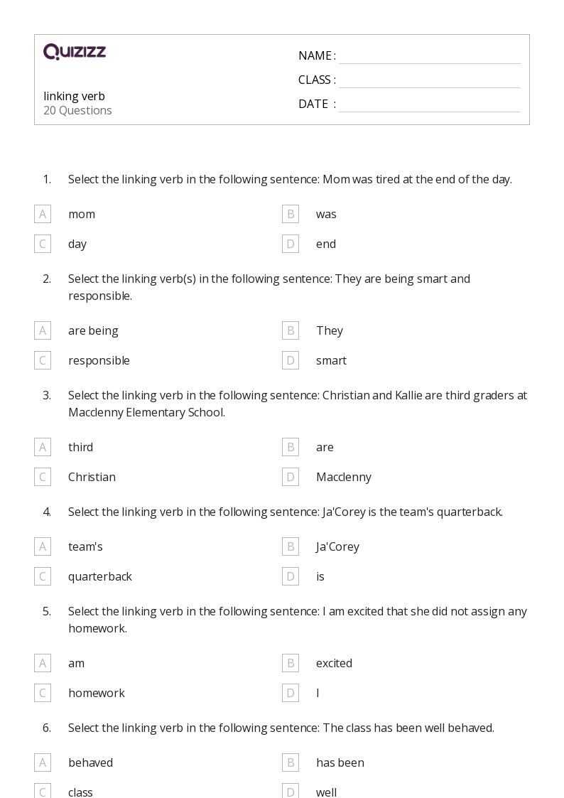 50+ Linking Verbs worksheets on Quizizz Free & Printable